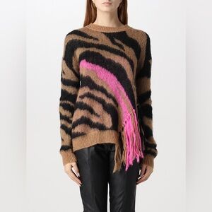 Fringe-Accent Zebra Stripe Crewneck Sweater in Brown, Black & Pink